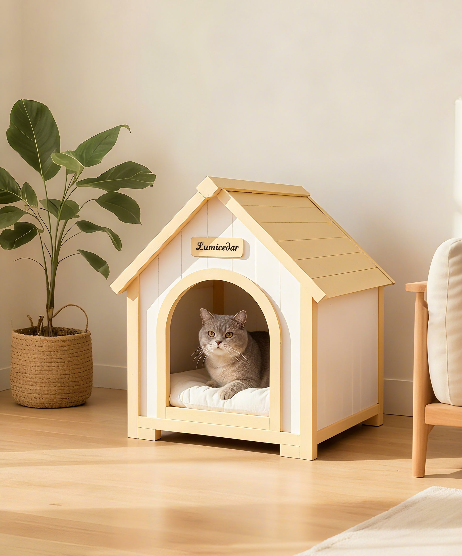 Cedar Wood Pet House with Soft EVA Cushion for Dogs and Cats