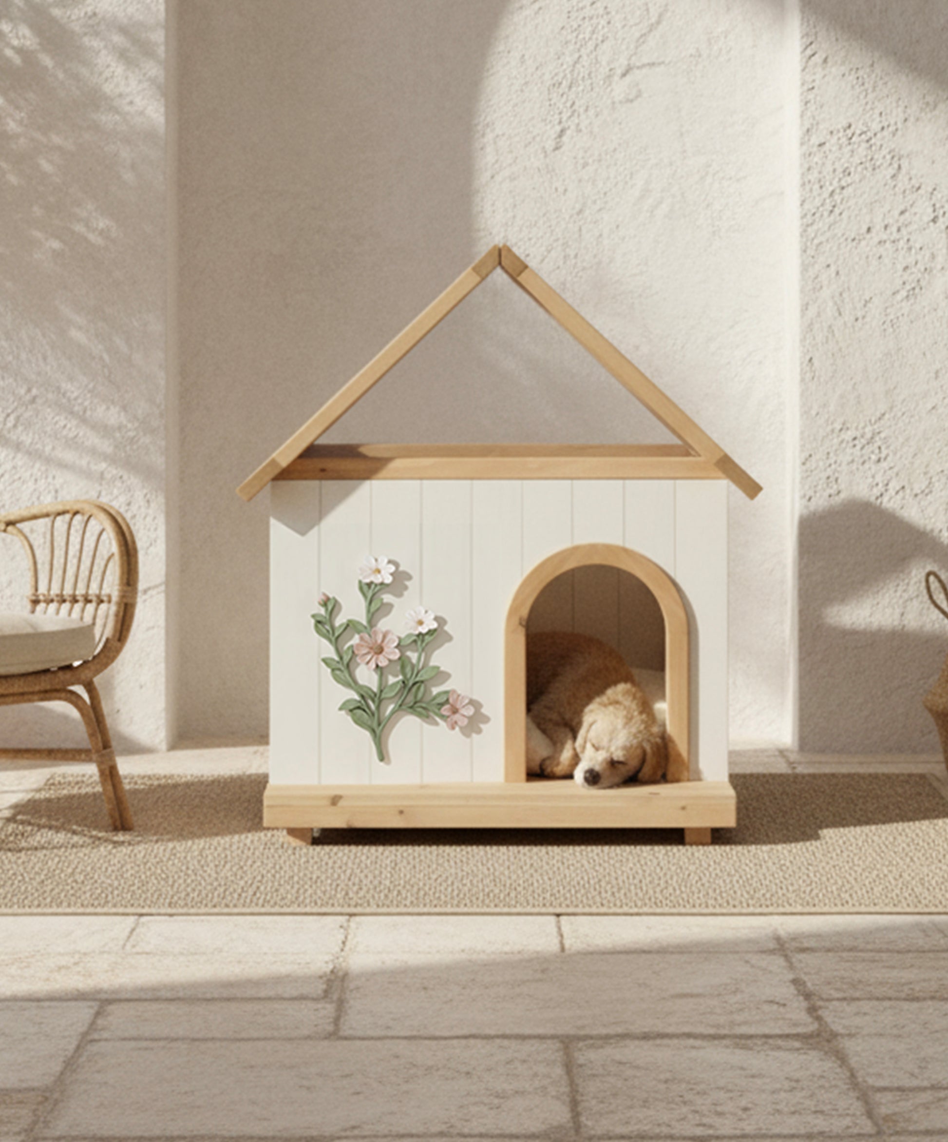 Wooden pet house with floral design on a white wall