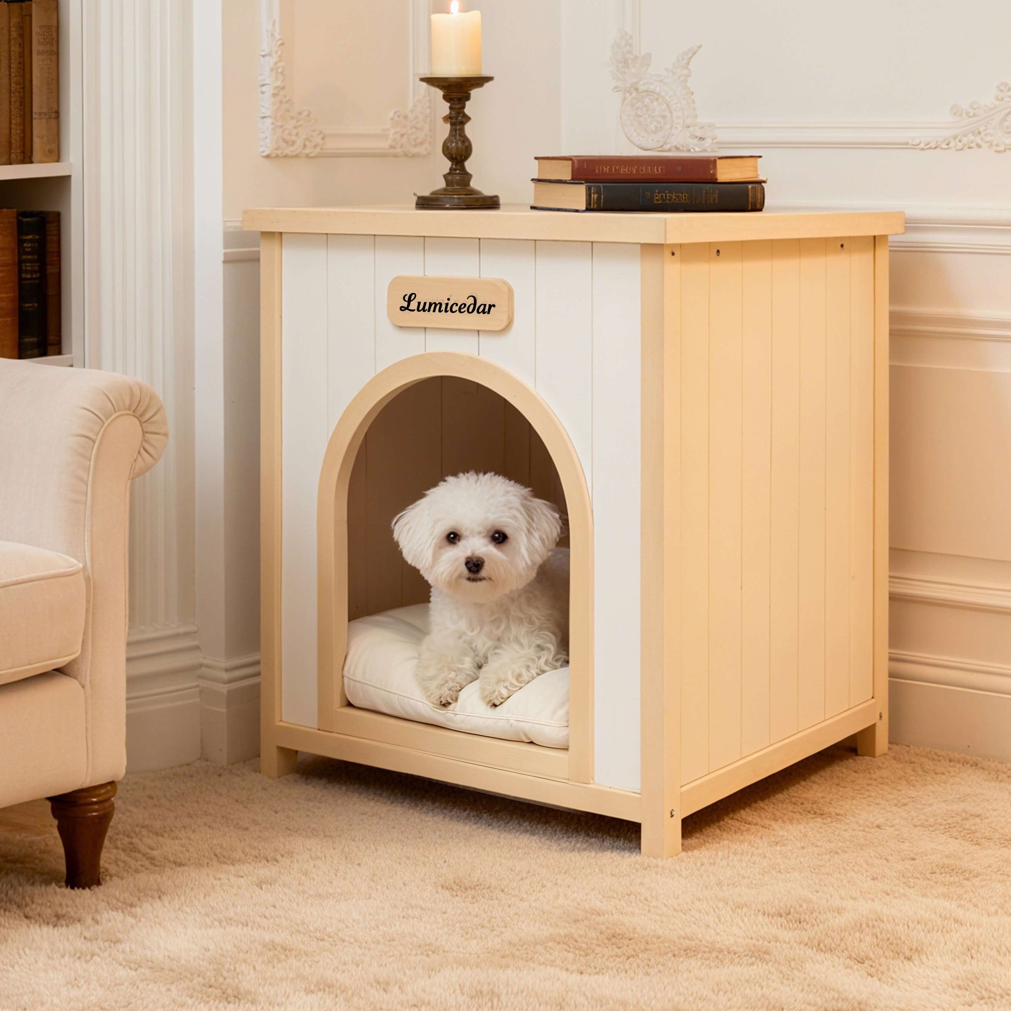 ELISE luxury pet bed in a cozy home setting with a small dog inside, showcasing comfort and elegant design.