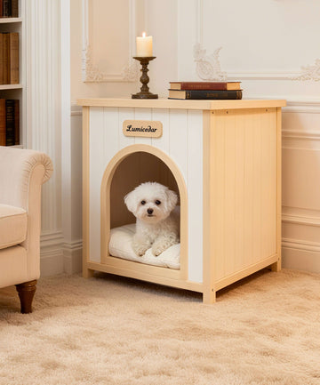 ELISE luxury pet bed in a cozy home setting with a small dog inside, showcasing comfort and elegant design.