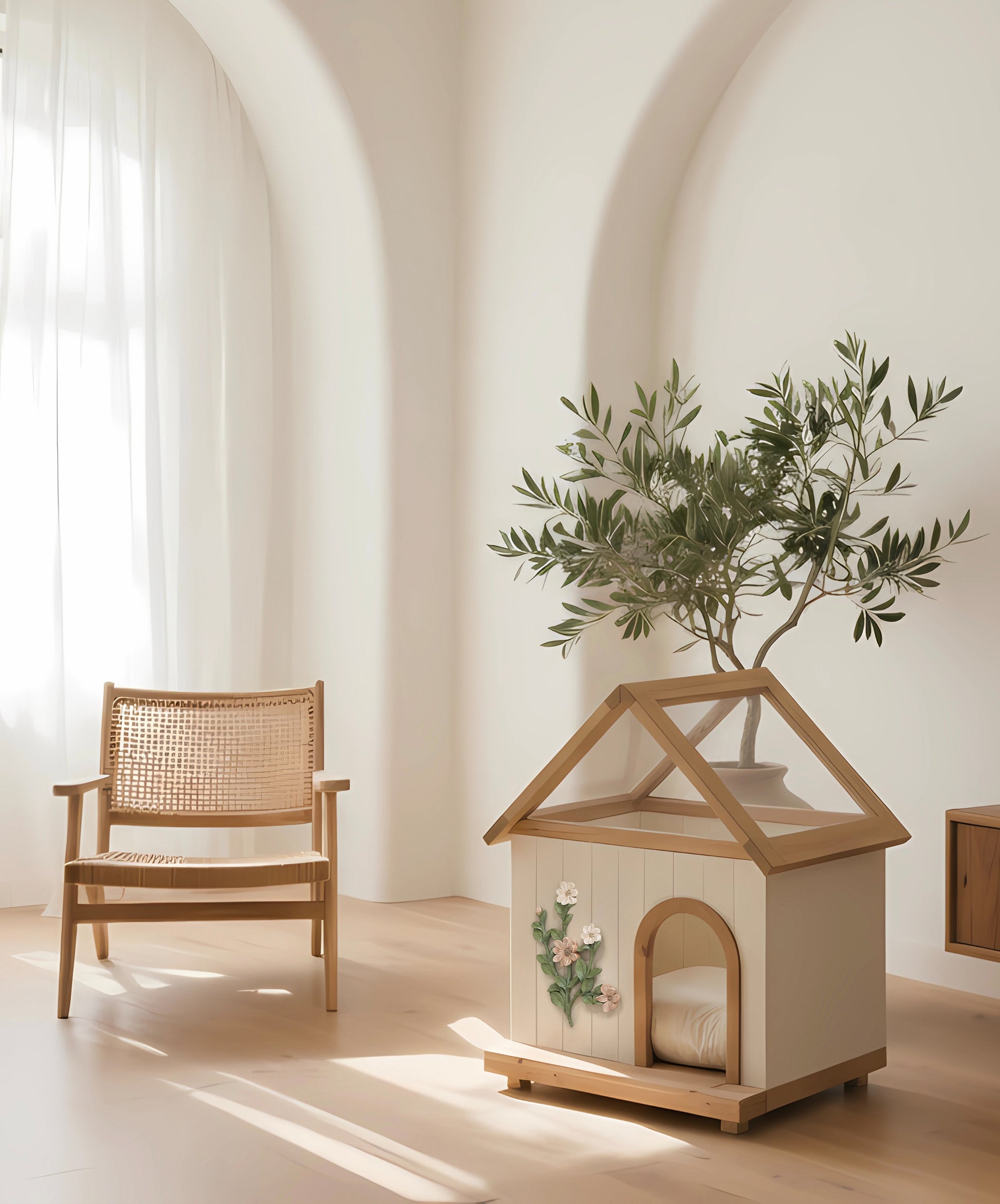 Wooden pet house with floral design on a wooden floor, chair, and plant in the background.