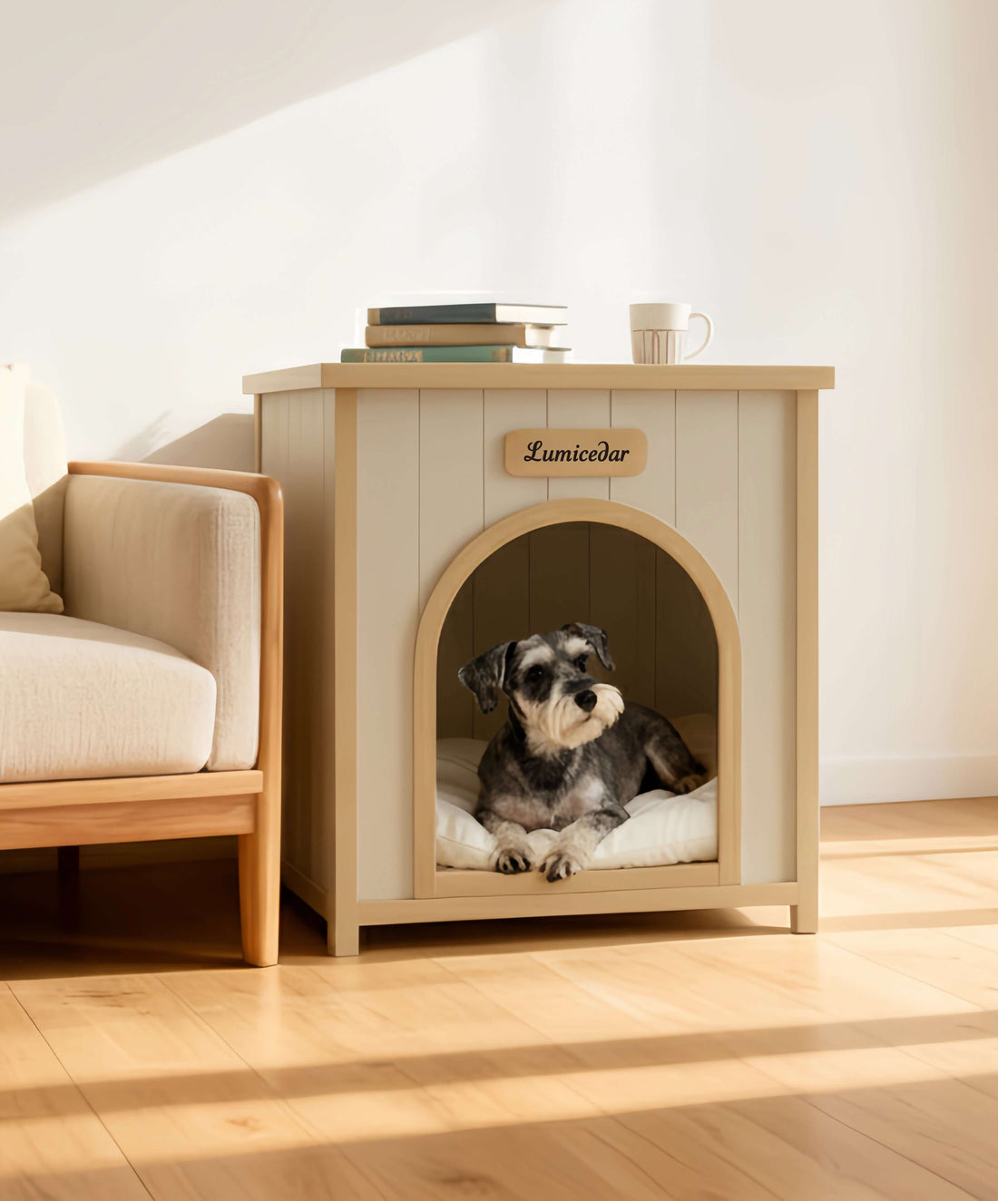 ELISE luxury pet bed in a cozy home setting with a small dog inside, showcasing comfort and elegant design.