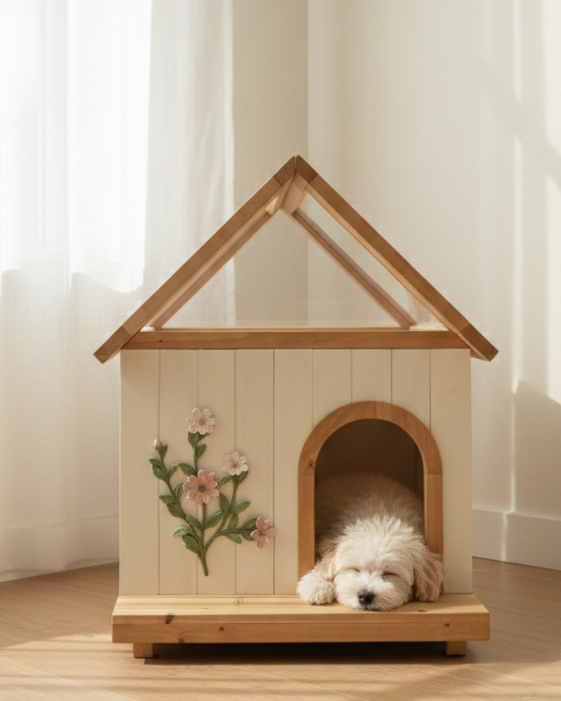 DAISY Cedar Indoor Dog House – A Warm, Cottage-Style Wooden Home for Small Pets