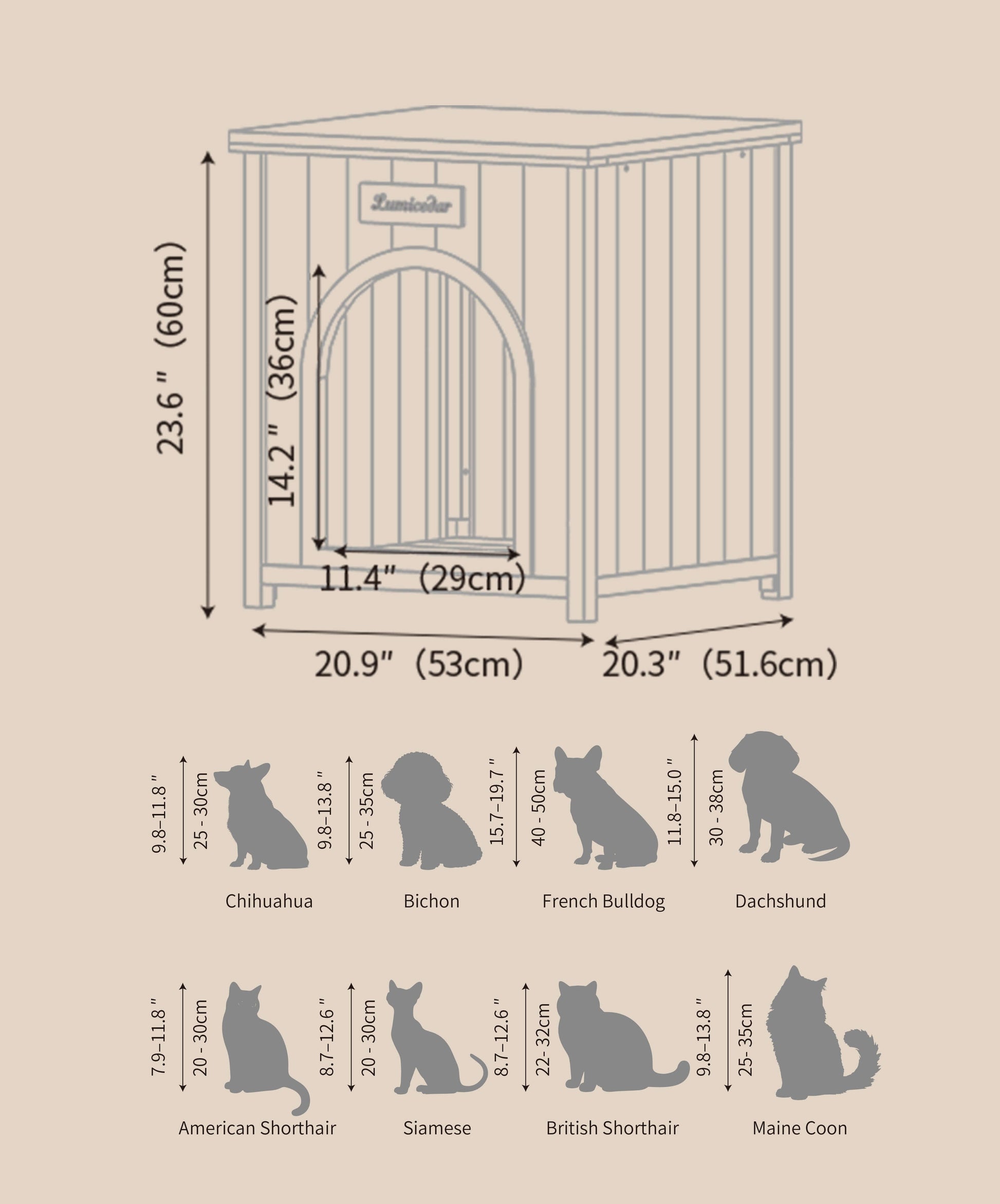 Dimensions and pet compatibility for ELISE luxury pet bed - cozy home for various breeds.