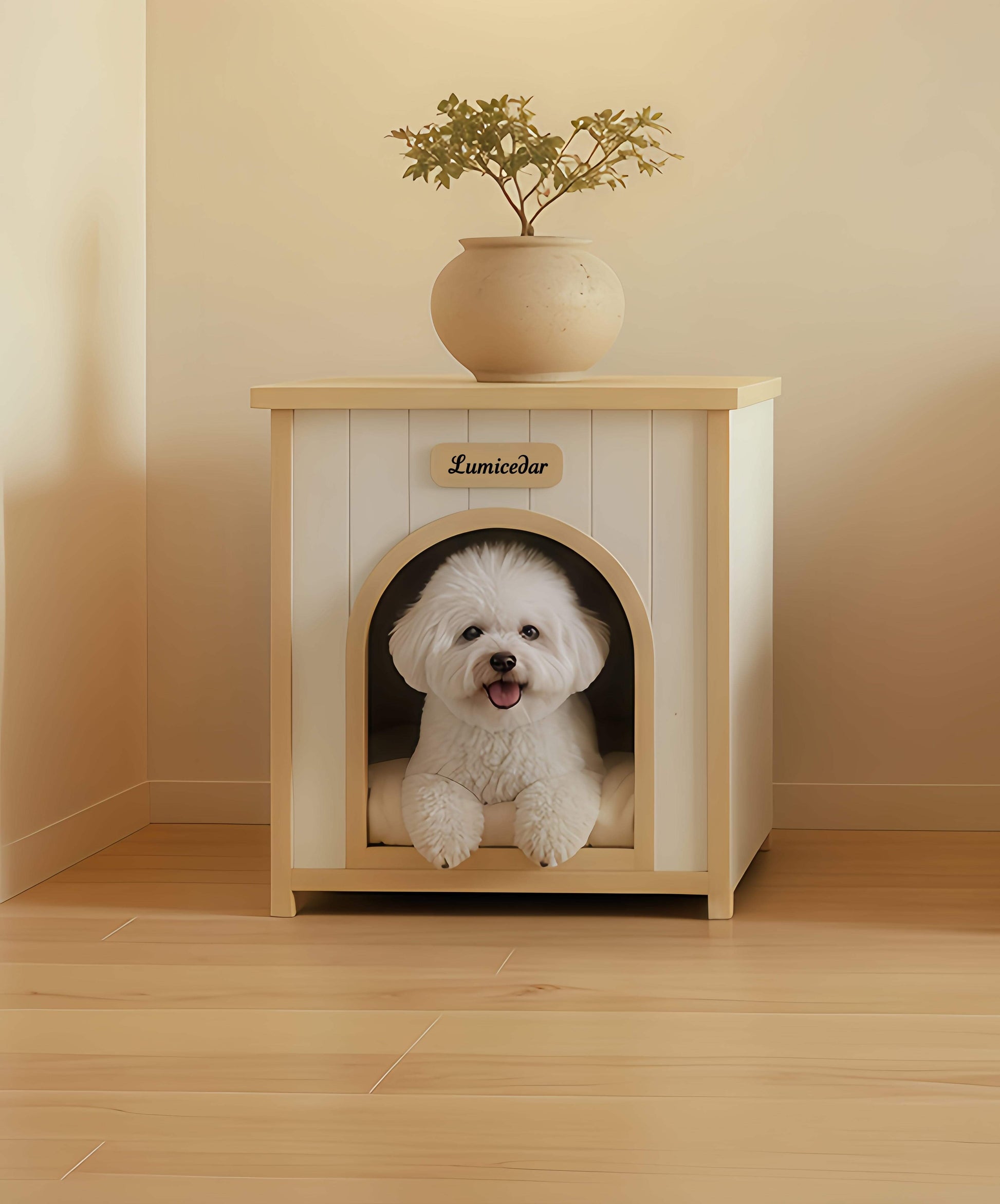 ELISE luxury pet bed, cozy white dog in stylish pet home with plant on top.