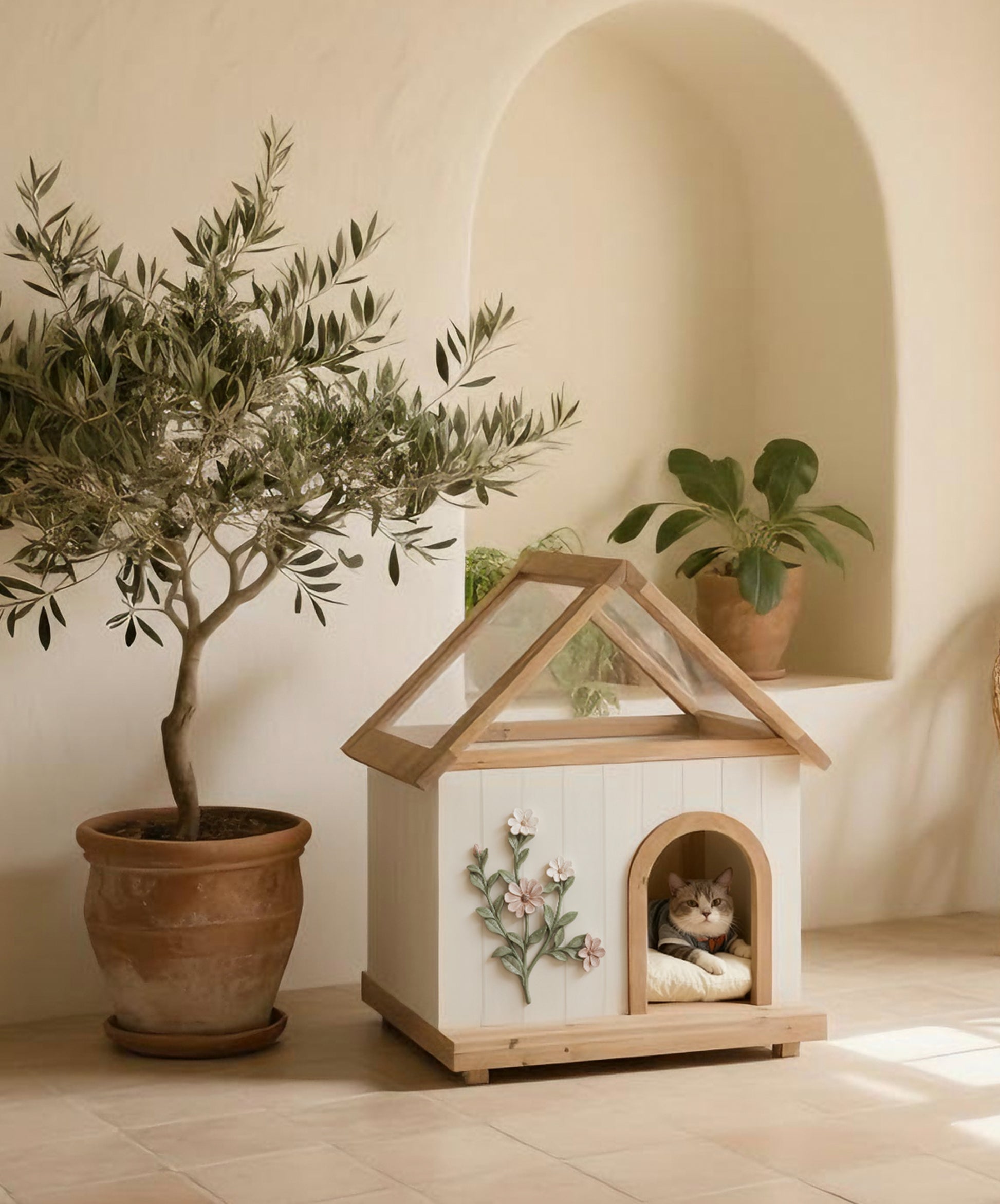 Wooden pet house with a cat inside, surrounded by potted plants in a home setting.