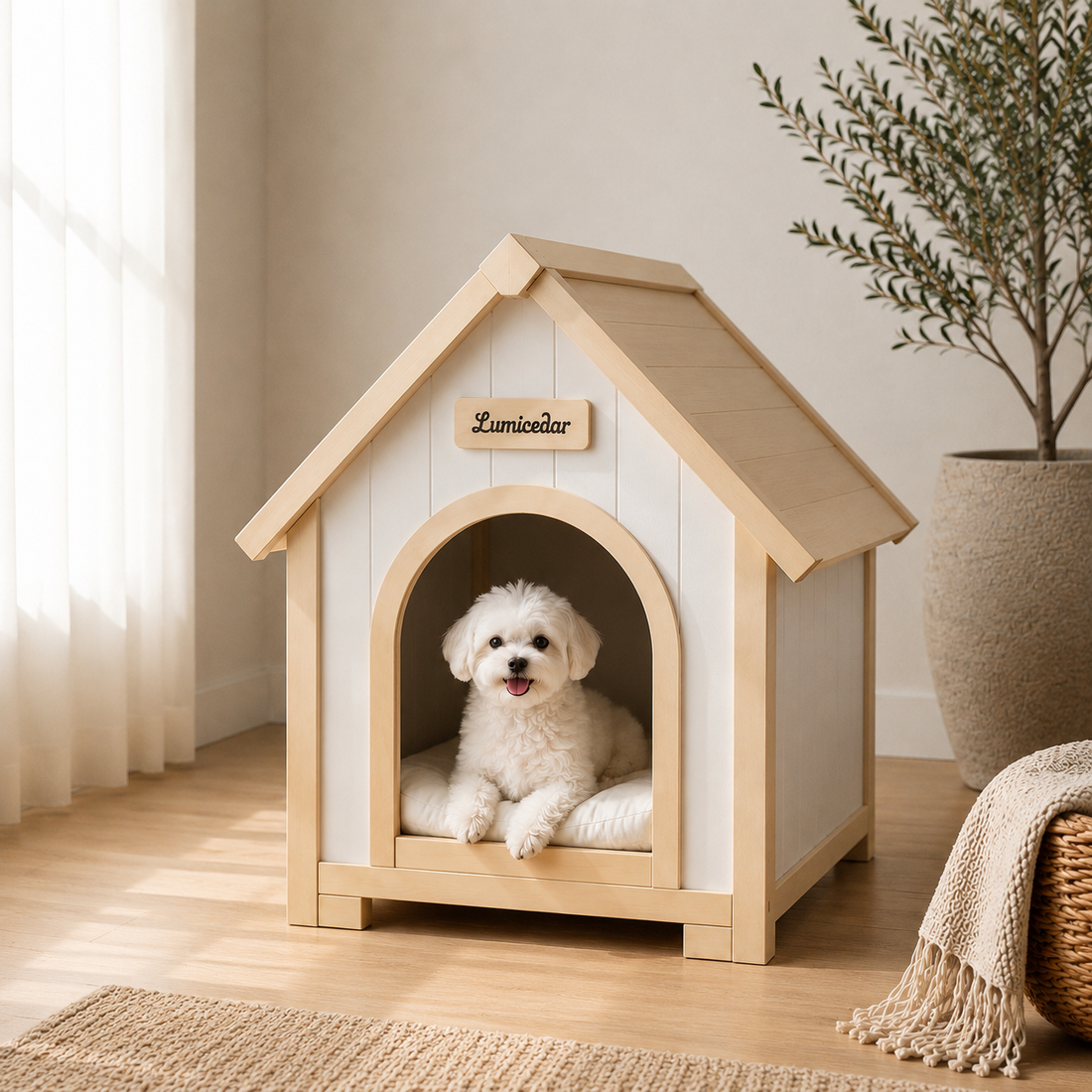 Lumicedar EVA Indoor Dog House | Minimalist Solid Cedar Home for Small Dogs