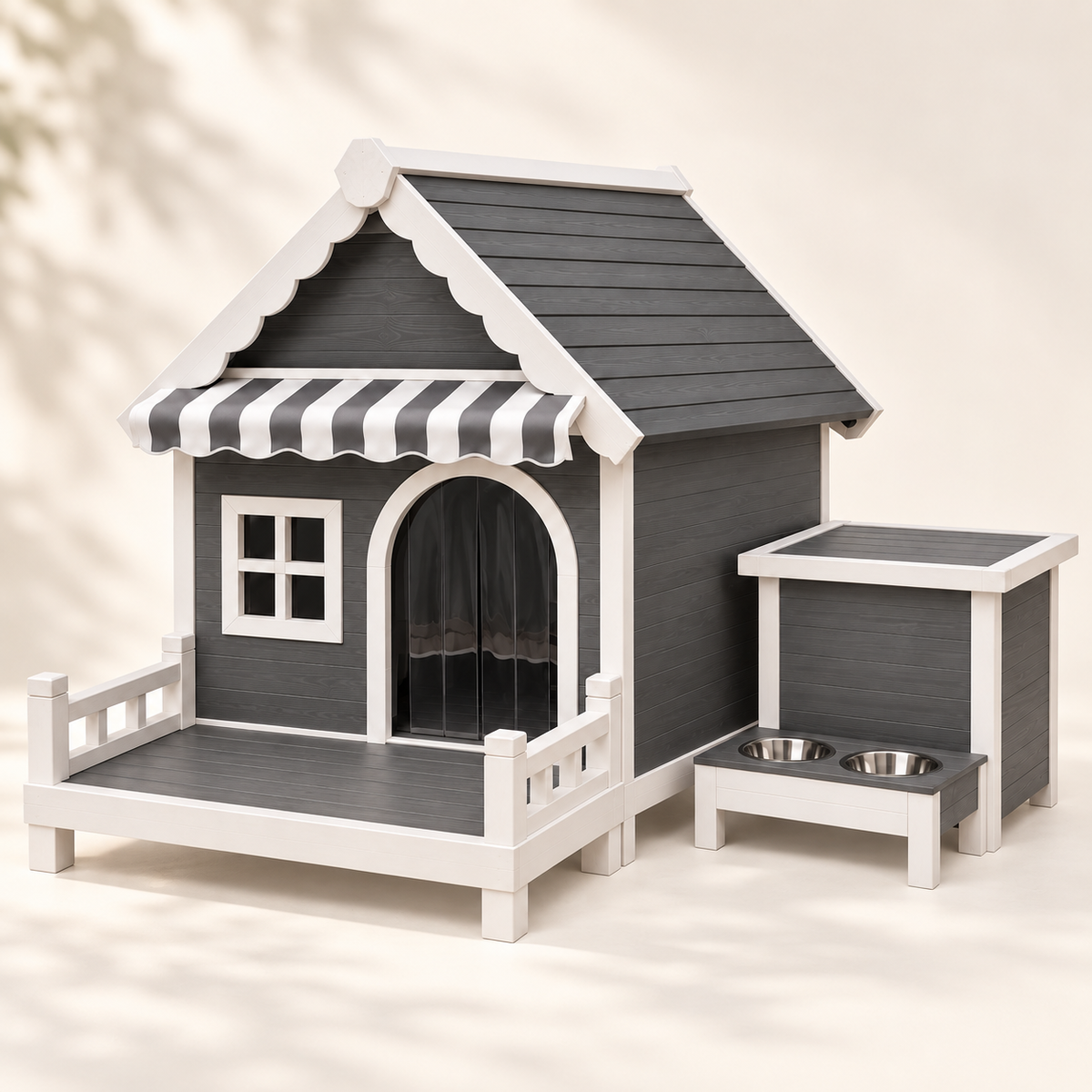 Grey and white Winkie with its door curtain, raised porch, storage box and feeding station