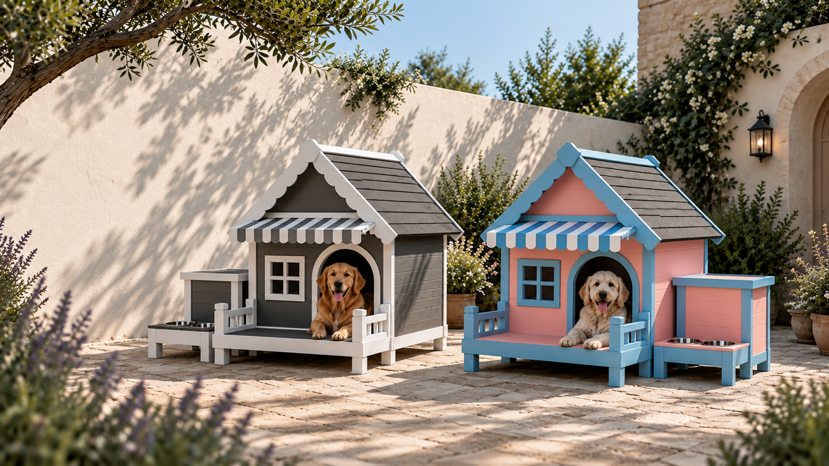 Grey and white and pink and blue Winkie pet homes together in a courtyard with two dogs
